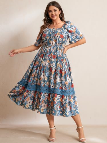 Image of RWJ Women's Plus Size Maxi Dress Short Sleeve Square Neck Flowy A-Line Lace Trim Flutter Party Casual Off Shoulder Dresses