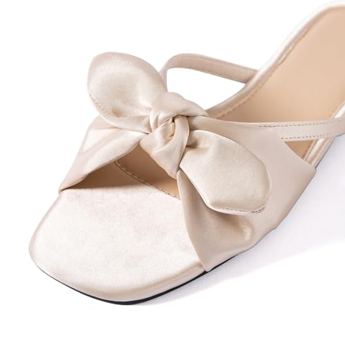 Mtzyoa Women Flat Sandals Bow Satin Ladies Summer Dressy Casual Vacation Bohemian Cute Leather Fashion Comfy Slip On Slides3