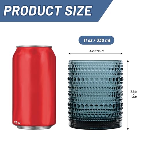 Hobnail Drinking Glasses Set of 6, Vintage Colored Glassware 11oz, Beverage Glass Cups for Water, Juice, Cocktail (Blue)