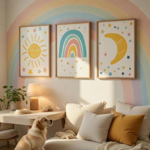 Image of Livin'luxe Kids Nursery Wall Painting Set of 3 with Wooden Frames | Sun Rainbow Moon Kids Room Wall Art | HD Sparkle Printed MDF Cartoon Wall Decor for Baby Room, Nursery, Playroom & Bedroom