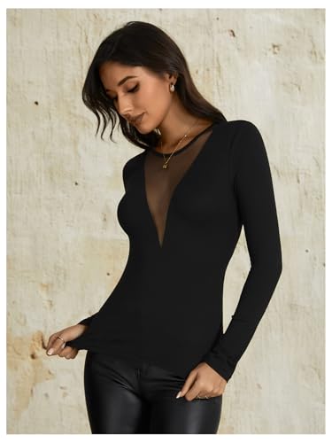 OYOANGLE Women's Slim Fit See Through Contrast Mesh Long Sleeve Tee Tops3