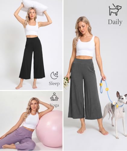 Image of GYS Bamboo Viscose Wide Leg Gaucho Cropped Pants, High Waist Capris Cloud-Soft Pajama Pants with Pockets, Flowy Yoga Pants