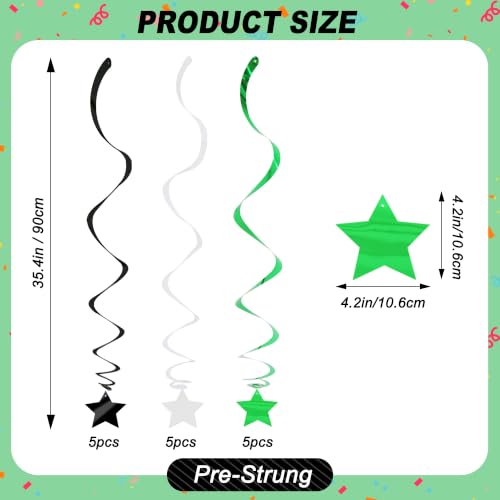 Image of BEISHID Green and Black Stars Hanging Swirls Pre-Strung Stars Hanging Decorations for Wedding Baby Shower Bridal Graduation Green Birthday Decorations Supplies,Pack of 15