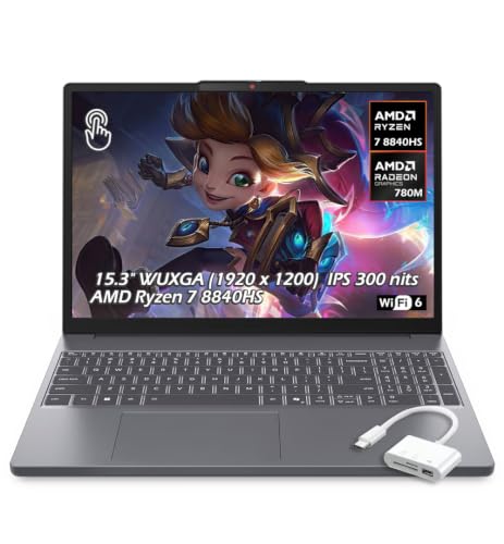 Image of Lenovo IdeaPad Slim 3 15.3 inch WUXGA Touchscreen Laptop - AMD Ryzen 7 8840HS, 16GB DDR5 RAM, 512GB SSD, AMD Radeon 780M, Bluetooth, Wi-Fi6, Webcam, Windows 11, Luna Grey, w /USB Hub W /GaLiMu