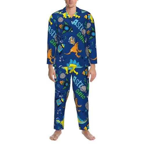 Dinosaur In Space For Men'S Pajamas Sets Sleepwear Long-Sleeve Top & Bottom 2 Piece Sleepwear