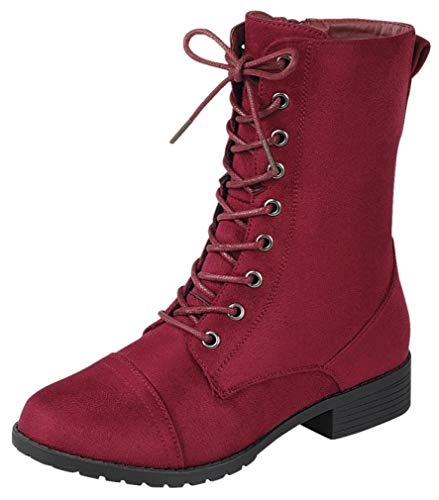 Image of Forever Link Womens Round Toe Military Lace Up Knit Ankle Cuff Low Heel Combat Boots