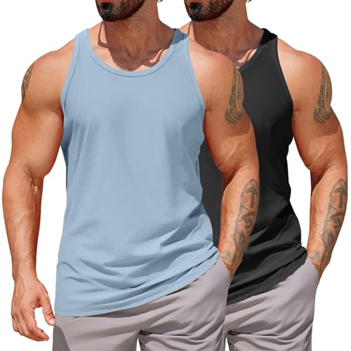 COOFANDY Mens Muscle Tank Tops 2 Pack Y Back Training Tank Bodybuilding Sleeveless Shirts Cut Off Workout Shirts Black/Light Blue