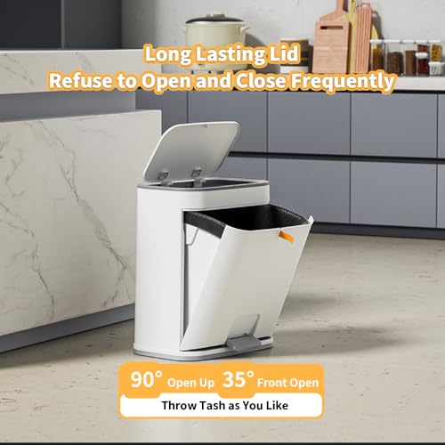 Image of Bathroom Trash Can with Lid, Plastic 3 Gallon Garbage can with Press top Lid, Gold Step Pedal Trash can, Narrow White Trash bin for Kitchen, Bathroom, Bedroom, Living Room, Office, Dog Proof Trash Can