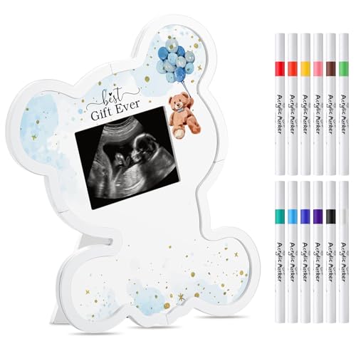 Image of Thyle Bear Baby Shower Sonogram Frame with 12 Markers Party Favors Signature Guest Book Ultrasound Picture for Gender Reveal Gift Keepsake