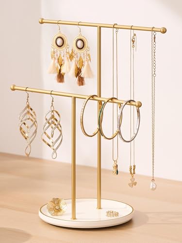Josmimic Gold Jewelry Holder Stand with Ceramic Tray: Small Hanging Necklace Organizer Tree for Earrings Bracelets Rings Jewelry Display Hanger for Women & Girls White