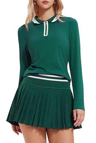 Tennis Skirt Sets for Women Zipper Color Block High Waisted Golf Polo Two Piece Skirt Set Women 2 Piece Outfits A Green