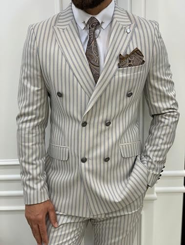 Men's Striped Suits Slim 2 Pieces Business Suits Formal Wedding Tuxedo Prom Jacket Vest Pants Set3