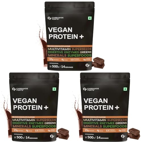 Image of Carbamide Forte Vegan Protein Powder - Plant Based Protein Powder with Multivitamin, Minerals, Superfoods, Pea Protein, Digestive Enzymes | Plant Protein Powder - Belgian Chocolate Flavour - 500g