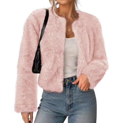 LOMON Women's Winter Cropped Faux Fur Coat Long Sl
