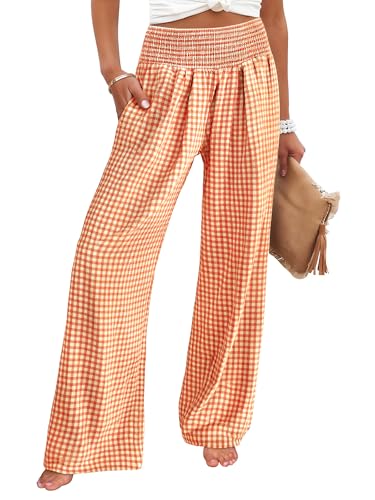 ANRABESS Womens Striped Gingham Palazzo Pants Orange White Plaid XL