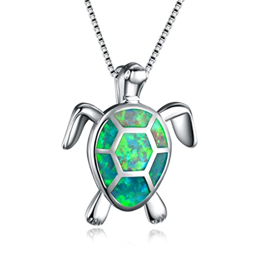 Collier opale de feu blanc bleu avec chaîne ajustable et pendentif tortue marine