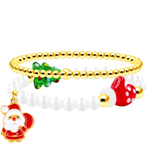 Image of 2 Christmas Couple Bracelets, Santa /Christmas Starfish /Christmas Tree Charm and 4mm Brass Beaded Stretch Bracelet for New Year Gifts for Family and Friends