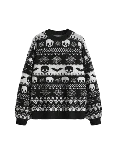 Image of WDIRARA Women's Goth Cartoon Pattern Sweater Knit Pullover Top | Long Sleeve, Crewneck