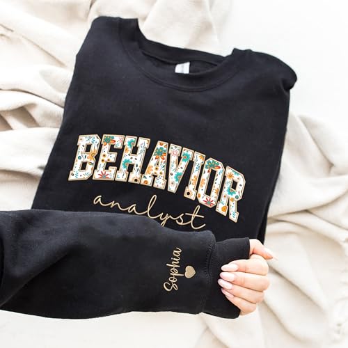 UrbanNEST Custom Behavior Analyst Embroidered Sweatshirt, Personalized Behavior Analyst Floral Applique Shirt, Custom Name on Sleeve with Heart, Gifts for BCBA, BCBA Sweater4
