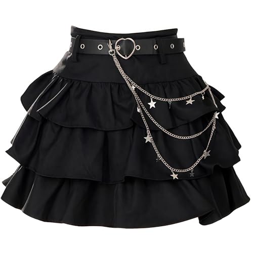 Eominve Women Gothic Lolita Mini Skirt Harajuku Y2K Short Skirt Layered Ruffled High Waist A-Line Skirts for Teens (US Alpha X-Large Regular Regular Black)
