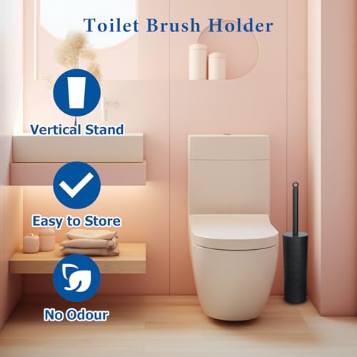 Image of Topsky Toilet Brush,2 Pack Compact Toilet Brush & Holder Set,Plastic Round Barrel Loo Brush with 2 Replacement Toilet Brush Head,Durable for Bathroom Toilet,Black