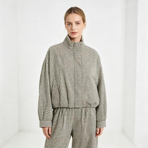 Plaid Bomber Jacket Women Oversized Cropped Funnel Neck Gingham Jacket - image 2