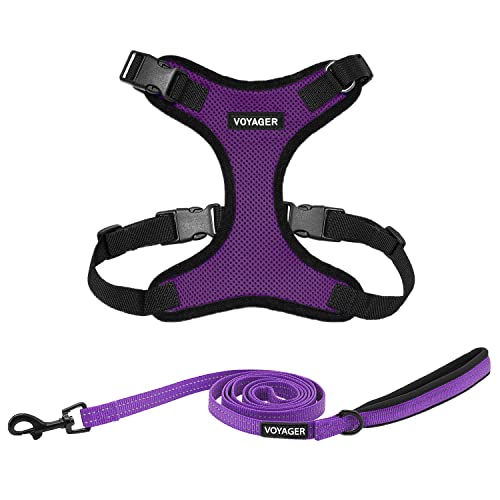 Image of Best Pet Supplies Voyager Step-in Lock Pet Harness w Reflective Pet Leash Combo Set with Neoprene Handle 5ft - Supports Small, Medium and Large Breed Puppies /Cats - Purple /Black Trim Set, S