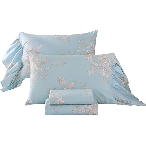 Abreeze Blue Floral Sheets Set King Shabby Floral Bedding Elegant Vintage Farmhouse Bedding 100% Cotton Super Soft Hypoallergenic Deep Pocket Fitted Sheet 4Pcs, King Size #TOP8