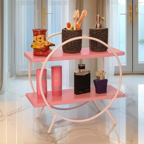 Image of 2 Tier Spice Rack Organizer for Kitchen Countertop - Metal & Wooden Masala Stand Condiments, Seasonings Multipurpose Storage Rack for Home & Kitchen Decor (Blk Brown) (Pink White)