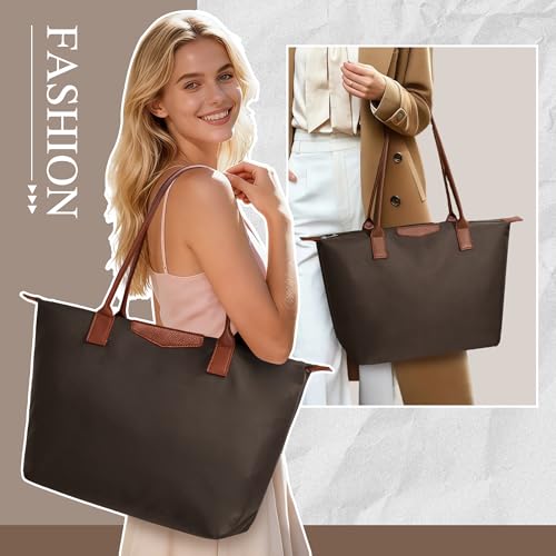 Image of Tote Bag for Women, Casual Hobo Bag Vegan Leather Top-Handle Purse Foldable Shoulder Nylon Zipper Handbag
