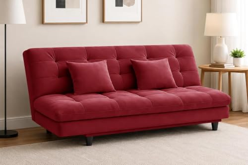 Image of Modern 3-Seater Futon Sofa Bed with Tufted Sleeper Couch Sofa with Adjustable Backrest- Living Room Furniture-Red