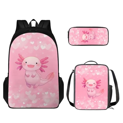 Set di 3 pezzi zaino per la scuola per bambini + borsa contenitore per alimenti + portapenne Carino Axolotl Set di zaini per la
