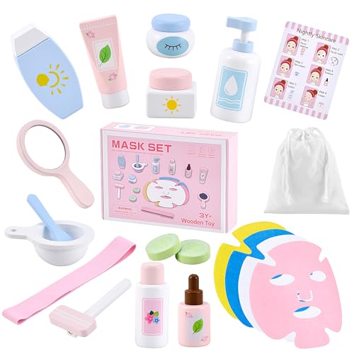 Ehome Wooden Beauty Salon Play Set Wooden Makeup Toy Set for Toddler Pretend Play Skin Care Learning Toys, Play Wood Spa Set with Face Mask Christmas Birthday Gifts for 3-8 Years Old