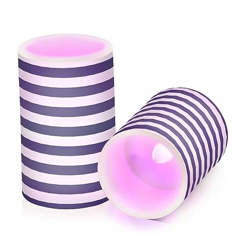Image of YETTASBIN Navy Blue Stripes Flameless Candles with Remote Control and Timer, Adjustable Brightness Long Lasting Battery Operated LED Pillar Candles for Indoor Outdoor Party Home Decor, 2 Pack