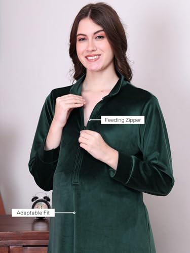 Image of Secret Wish Solid Velvet Maternity Nighty Full Length