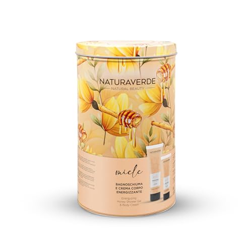 NATURAVERDE | Gift Set Sensoriale Miele - Bagnoschiuma 200ml + Crema Corpo 100ml + Scatola Cilindro di Latta - Set Delicato e Nutriente per la Pelle