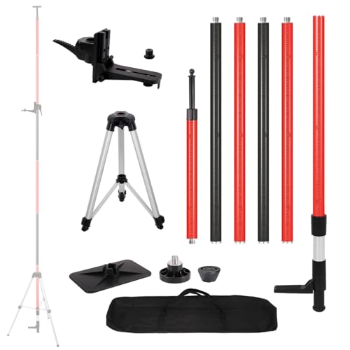 12 Ft+1.7Ft/3.6M+0.6M Professional Laser Level Pole with Tripod, Adjustable Telescoping Pole for Leveling Tools, Multi-functional Fine-tuning Bracket with 1/4” and 5/8” Thread Adapters, Includes Bag