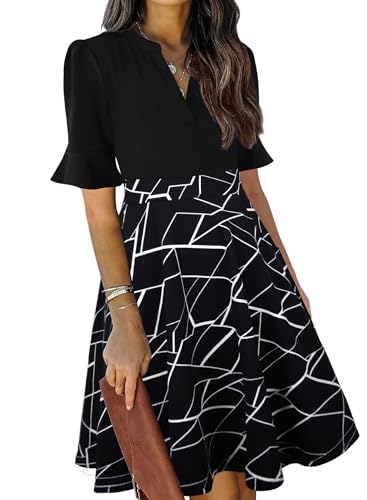 Image of Mokayee Womens Summer V Neck Ruffle Short Sleeve Fit and Flare Knee Length Church Wedding Guest Dresses with Pockets