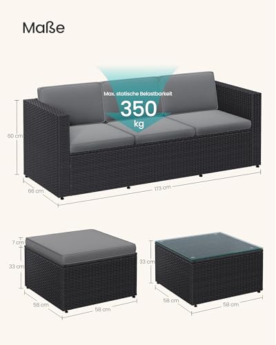 SONGMICS Gartenmöbel-Set, Balkonmöbel aus PE-Polyrattan, Terrassenmöbel, Ecksofa, Outdoor, handgeflochtenes Rattan, Lounge-Set, mit Kissen und Glastisch, schwarz-grau GGF005B04 5