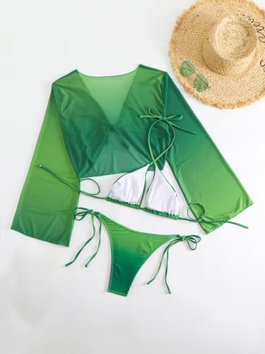 Image of Girl's 3 Piece Bikini Set Tie Dye Gradient Color Bathing Suit High Waist Swimwear with Kimono Cover Ups Green 160