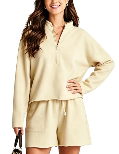 Image of Bozanly Two Piece Outfits for Women Trendy Long Sleeve Tops Shorts Set