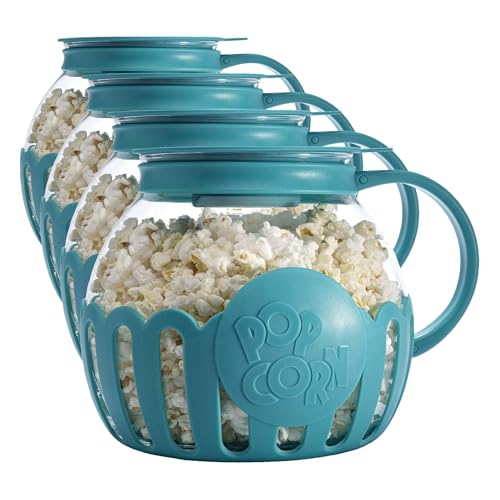 Image of Ecolution Patented Micro-Pop Microwave Popcorn Popper with Temperature Safe Glass,3-in-1 Lid Measures Kernels and Melts Butter,Made Without BPA,Dishwasher Safe,3-Quart,Teal,(Pack of 4)