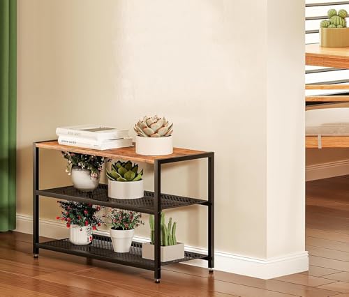 Image of Wooden 3-Tier Shoe Bench with Hanging Heel Storage, Industrial Entryway Organizer, Wooden Top Seating Bench, Metal Mesh Shelves Shoe Rack for Hallway and Closet