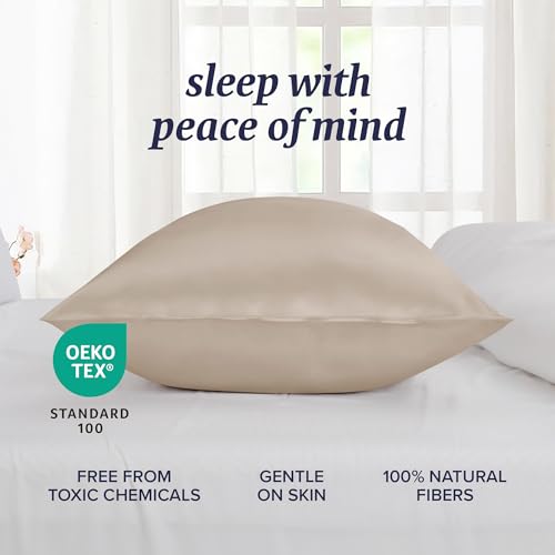 Image of Beckham Hotel Collection Silk Pillow Case with Zipper, 100% Mulberry Silk Pillowcase for Hair & Skin, 22 Momme 6A Grade, Oeko-TEX Certified, 1PC, King, Champagne
