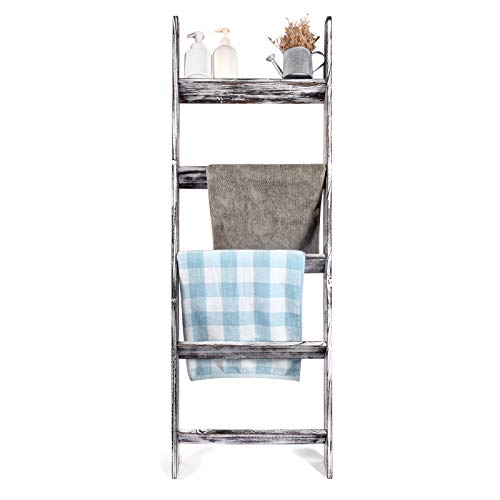 N\A Blanket Ladder - 4.5 Ft Wood Rustic Decorative Quilt Ladder Stand, Wall-Leaning White Vintage Wooden Throw Blanket Rack Holder
