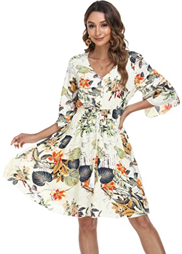 Image of VintageClothing Women's Floral Sundresses Flowy Boho Summer Beach Dress | Lightweight Breathable material,Elegant V Neck and Button Front Design,Flared Bell Sleeve Cut,Mini Casual dress