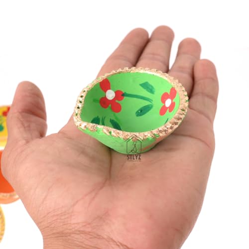 Image of Colourful Handmade Diyas for Diwali (21 Pcs) Hand Painted Decorative Clay Mitti Diya Deepak Lanterns for Diwali Decoration