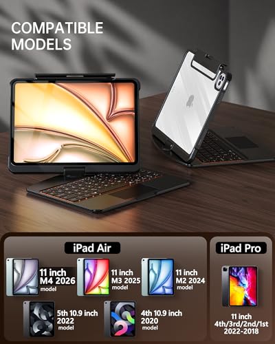 Image of Intermerge for iPad Air 11 inch Case with Keyboard Transparent(M4 /M3 /M2, 2026 /2025 /2024) & Air 5 /4 Gen, 360 Rotating Multi-Touch Trackpad, 7-Color Backlit Keyboard, Pencil Holder - Black