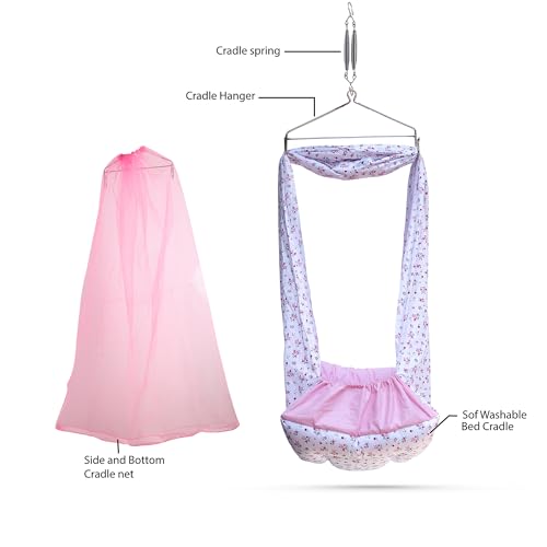 Image of beetot Cotton New Born Baby Swing Cradle (Jhula) | Cradle Cloth With Removable Mattress Bed, Mosquito Net, Weight Capacity Up To 20Kg | Age From 0-12 Months (Floral Pink)