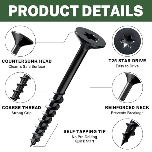 Image of LIONMAX Deck Screws 1 Inch, Wood Screws #8 x 1, 300 PCS, Rust Resistant, Exterior Epoxy Coated, Outdoor Decking Screws, Torx /Star Drive Head Screw, T25 Star Bit Included, Black